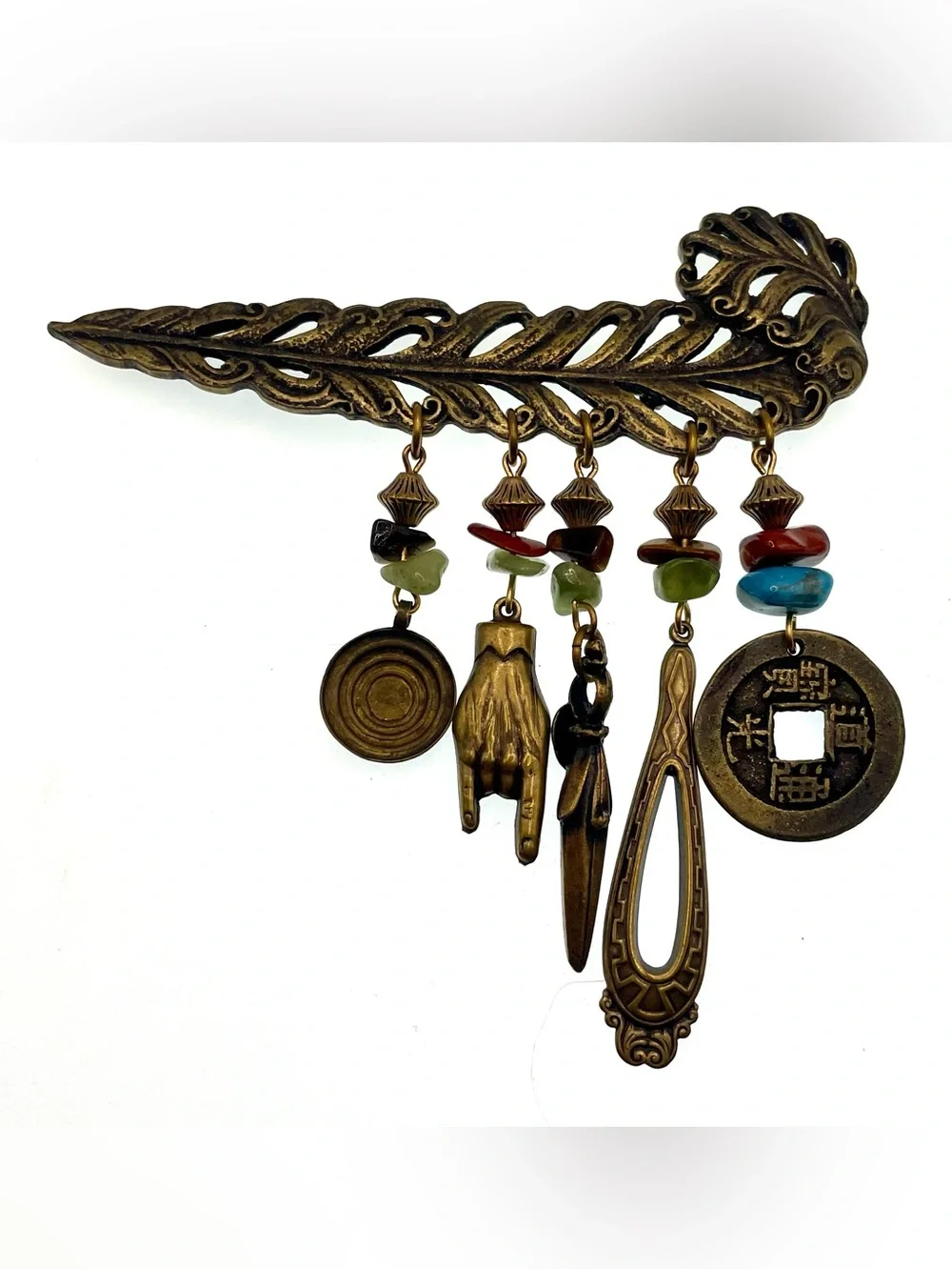 Vintage Upcycled Brass Feather Brooch Genuine Gemstone Dangles Asian Inspired